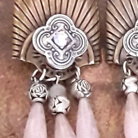 Deco Inspired Antique Brass & Silver w Natural Rose Quartz Dangle Post Earrings - Picture 3 of 5